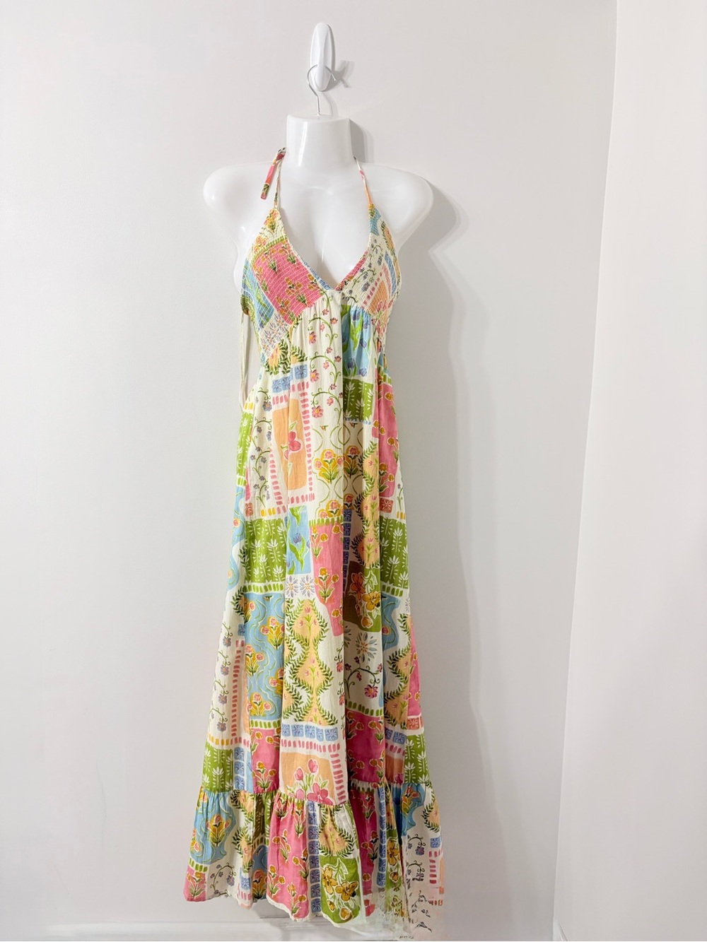 PATRONS OF PEACE Patchwork Halter Maxi Dress Boho Euro Summer Resort Vacation M - Picture 2 of 8